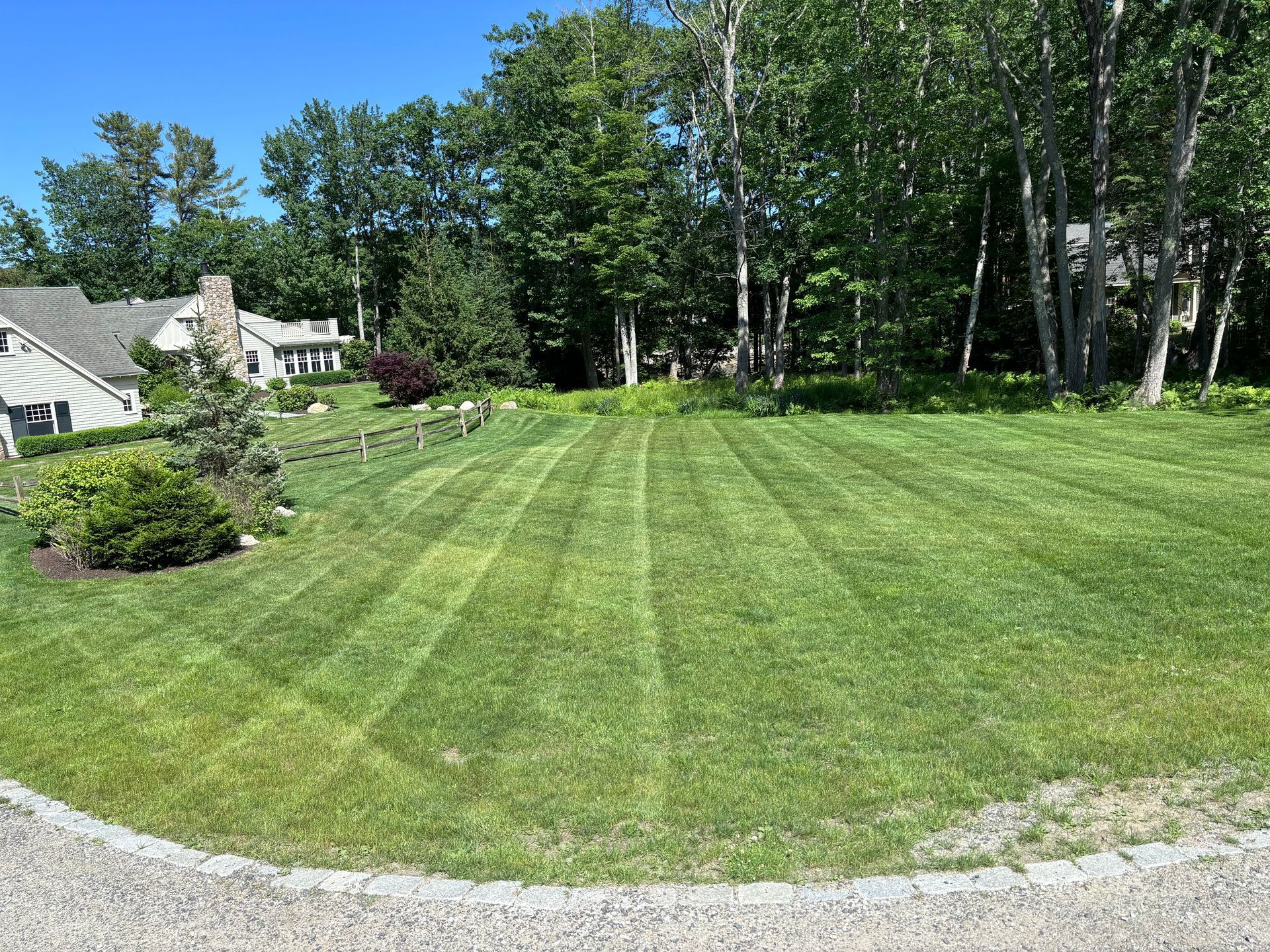 Grassy area with line of trees, vehicles, and a house in the background on a cloudy day.