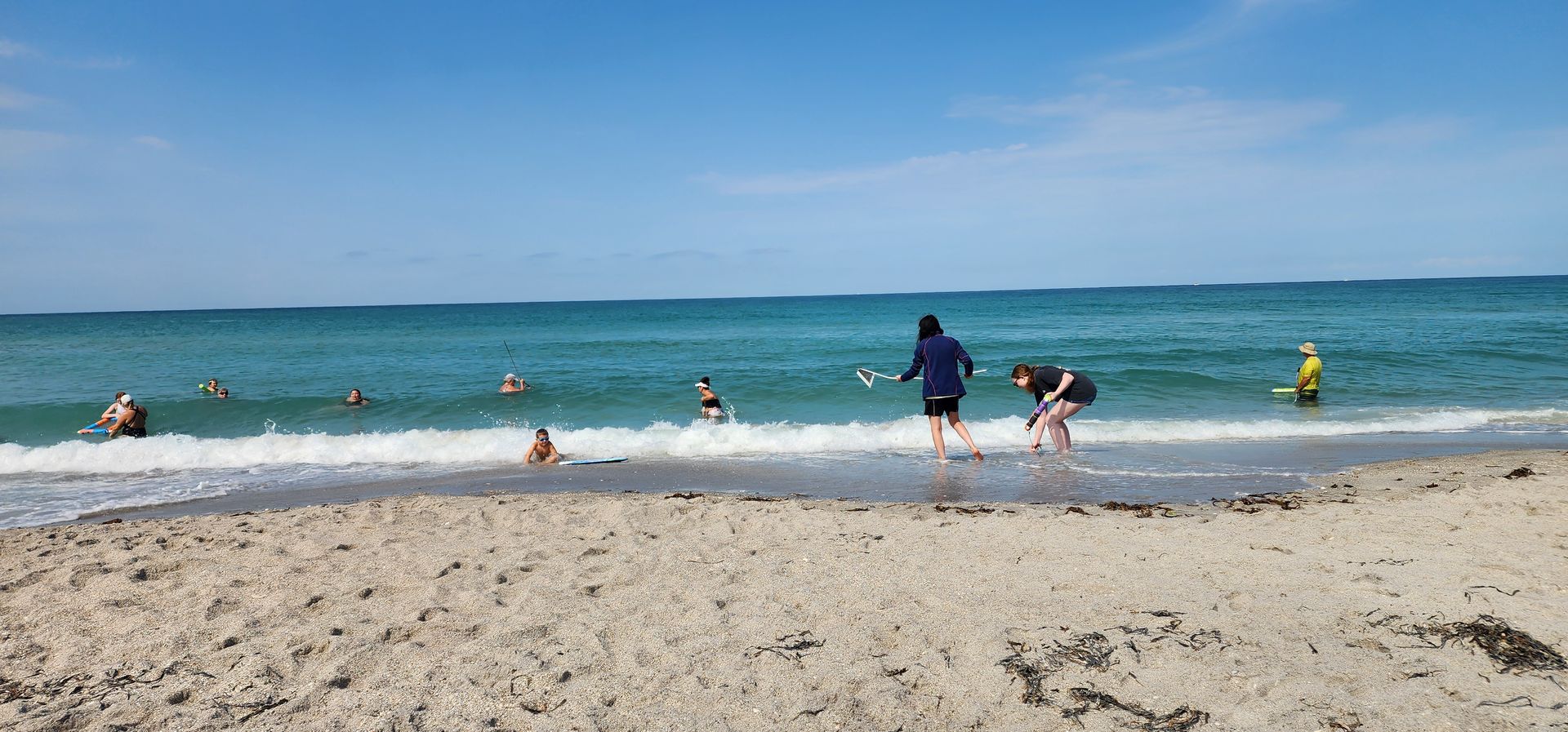 People standing and playing in shallow ocean water beside a sandy beach under a blue sky