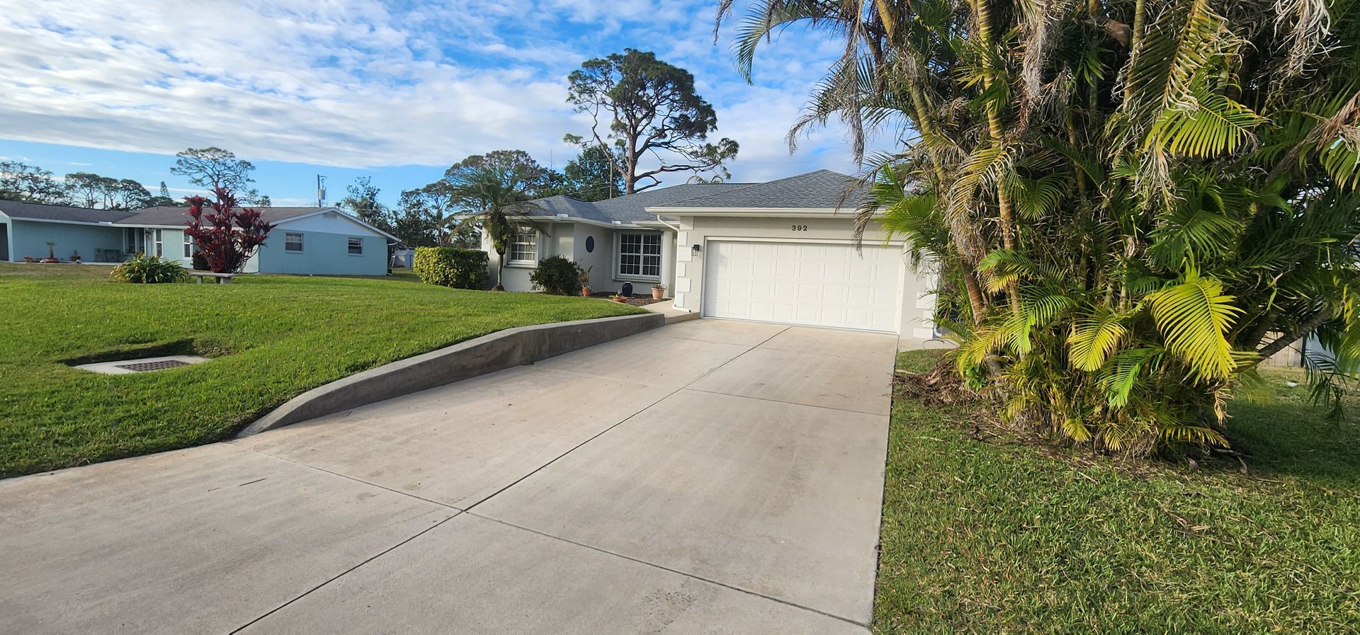 Suburban house with a wide concrete driveway, green lawn, and palm tree under a blue sky