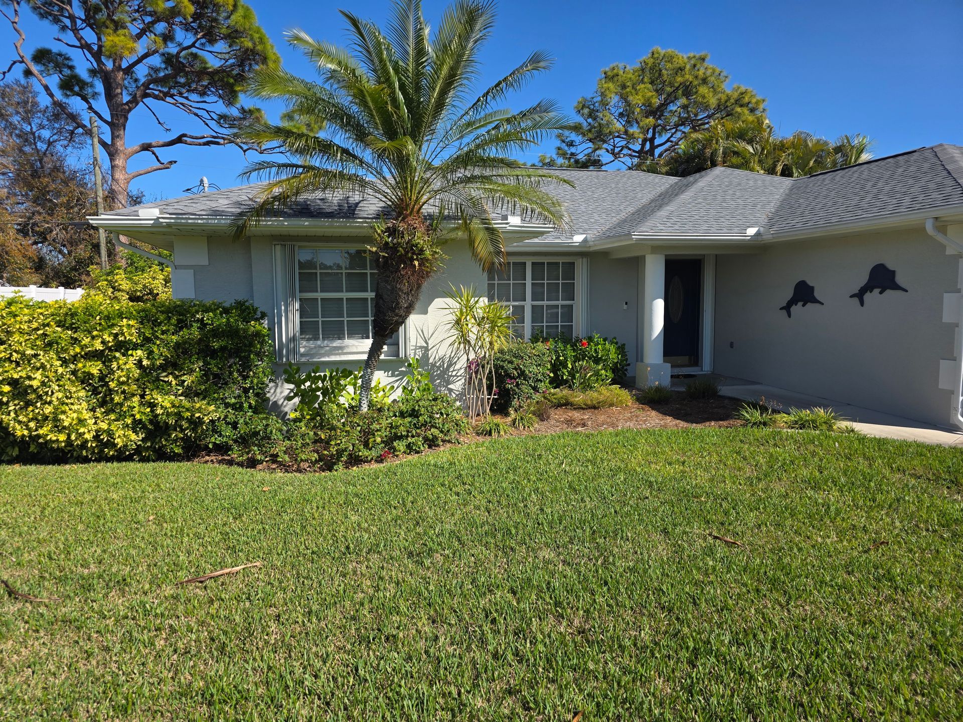 Single-story white house with a green lawn, palm tree, and bright blue sky