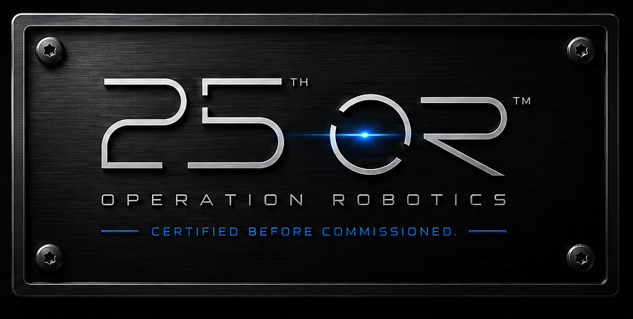 Dark metallic 25th Operation Robotics logo with glowing blue ring, on a black plaque
