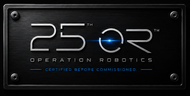 Dark metallic 25th Operation Robotics logo with glowing blue ring, on a black plaque