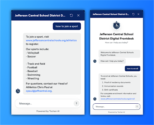 Two mobile chat screenshots for a school district, with bot welcome messages and quick-reply options. Powered by Tochan AI