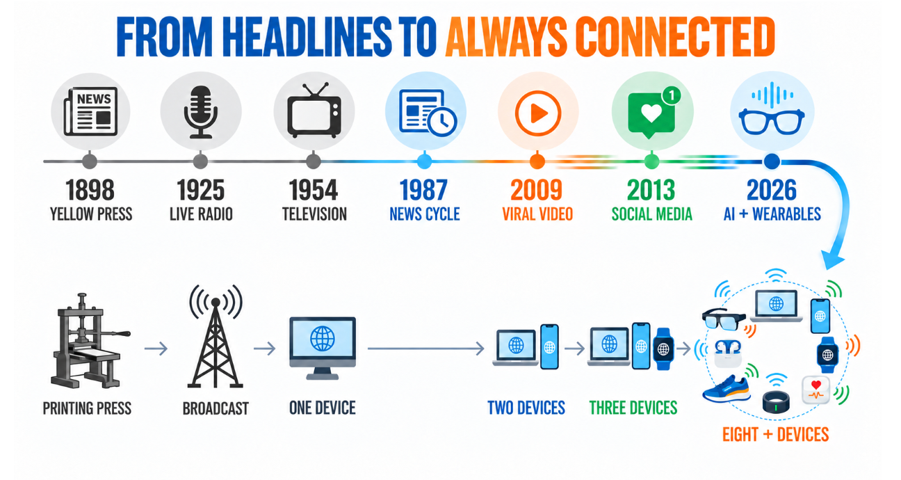 Timeline showing how public exposure evolved from newspapers and radio to social media, AI, and connected wearables.