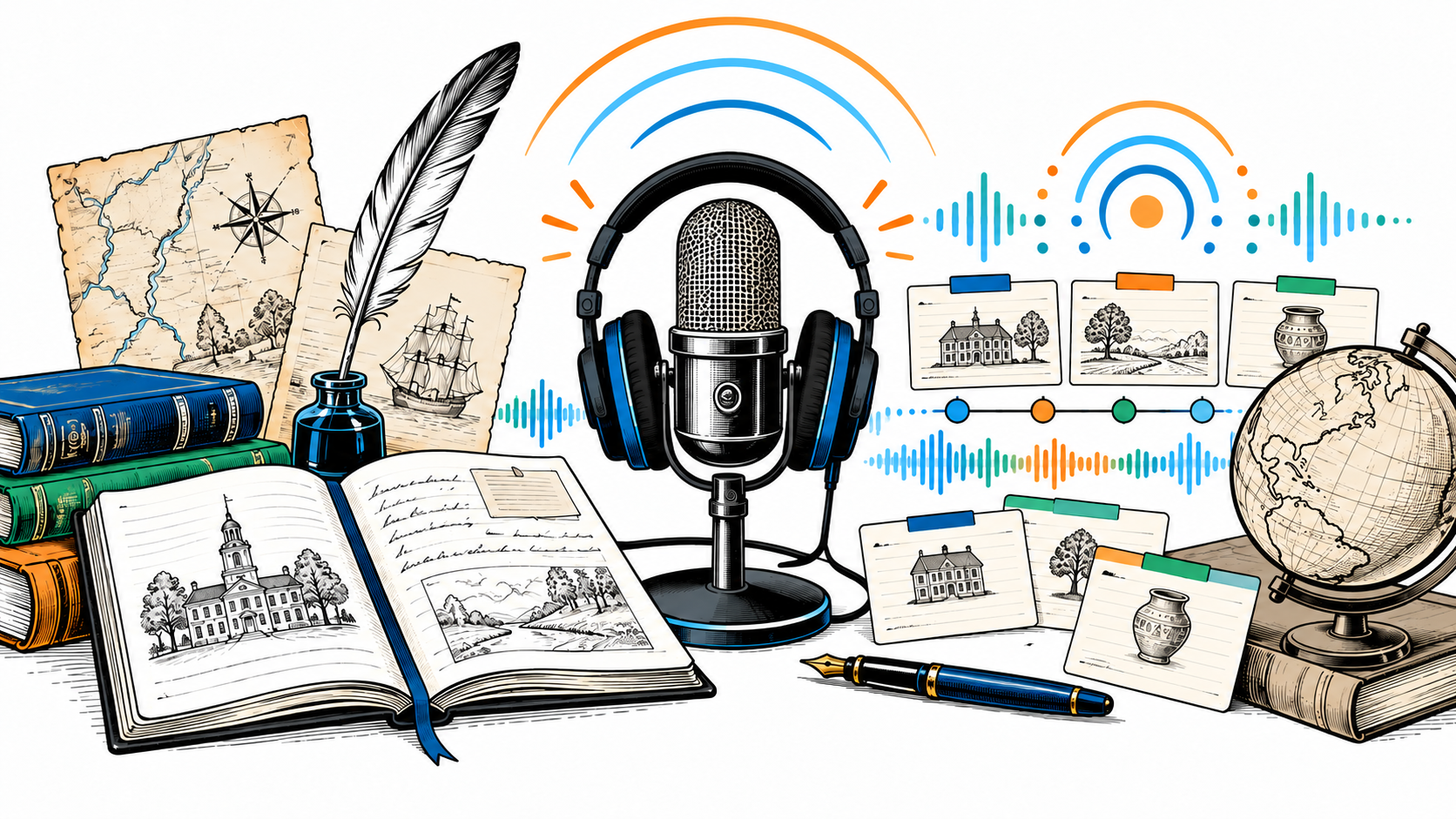 Podcast microphone surrounded by history books, archival pages, maps, and blue and orange IDEA audio waves.