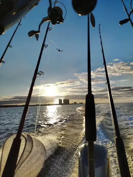 Sunset over water seen from a boat, with fishing rods silhouetted in the foreground.