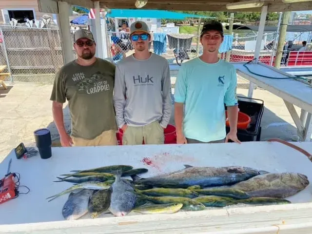 Three men standing behind a table with several large fish at a marina dock