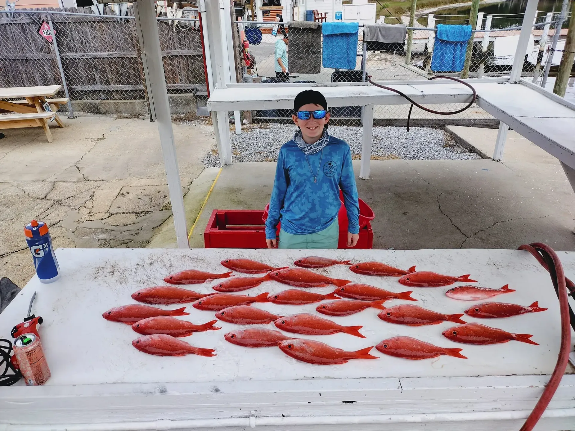 Person in a blue shirt sits behind a table covered with red fish at an outdoor market.