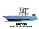 White and blue motorboat with T-top, labeled “GOT’EM,” on white background.