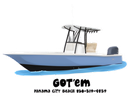 White and blue motorboat with T-top, labeled “GOT’EM,” on white background.