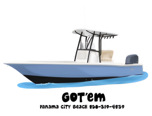 White and blue motorboat with T-top, labeled “GOT’EM,” on white background.
