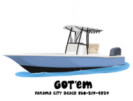 White and blue motorboat with T-top, labeled “GOT’EM,” on white background.