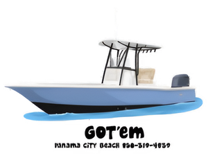 White and blue motorboat with T-top, labeled “GOT’EM,” on white background.