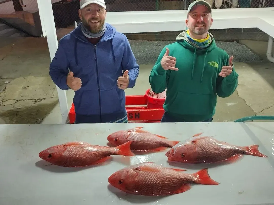 Two men in blue and green jackets pose behind four large fish on a table.