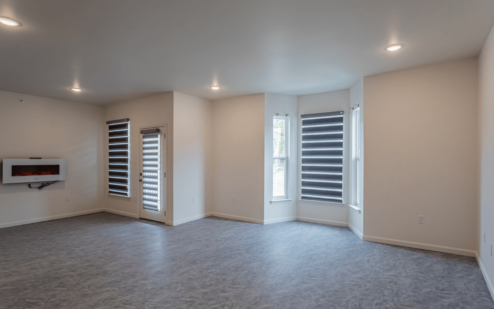 Interior of living room with large windows