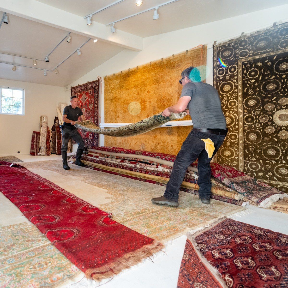 Two people in a rug shop lift a large, rolled-up rug, surrounded by various ornate rugs displayed on walls and floors.