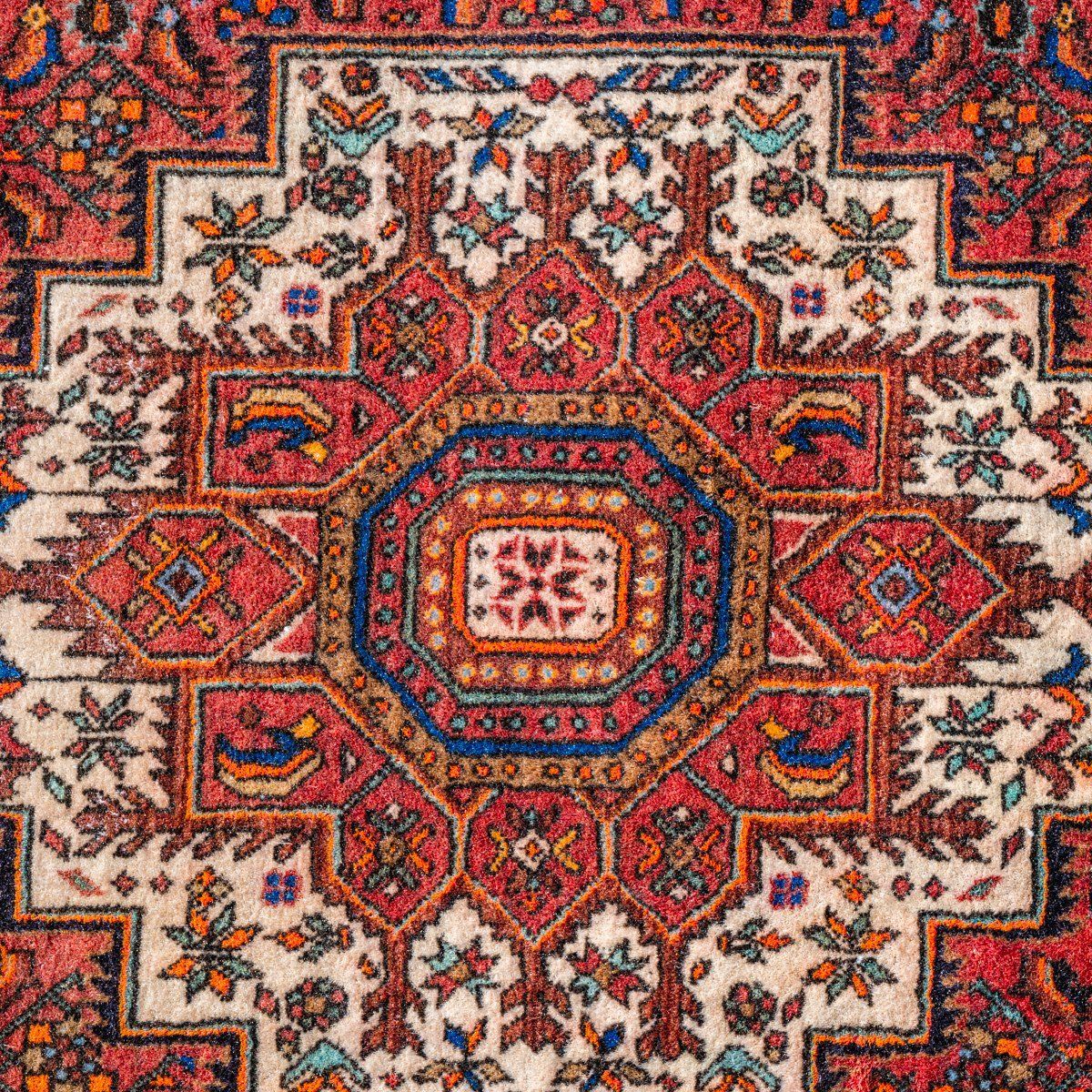 A symmetric, geometric rug pattern featuring a central star and diamond motifs in shades of red, blue, and cream.