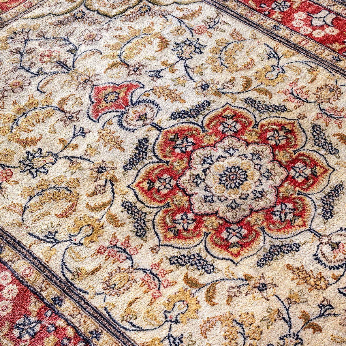 A detailed view of a cream-colored rug featuring a central red and blue floral medallion and intricate vine patterns.