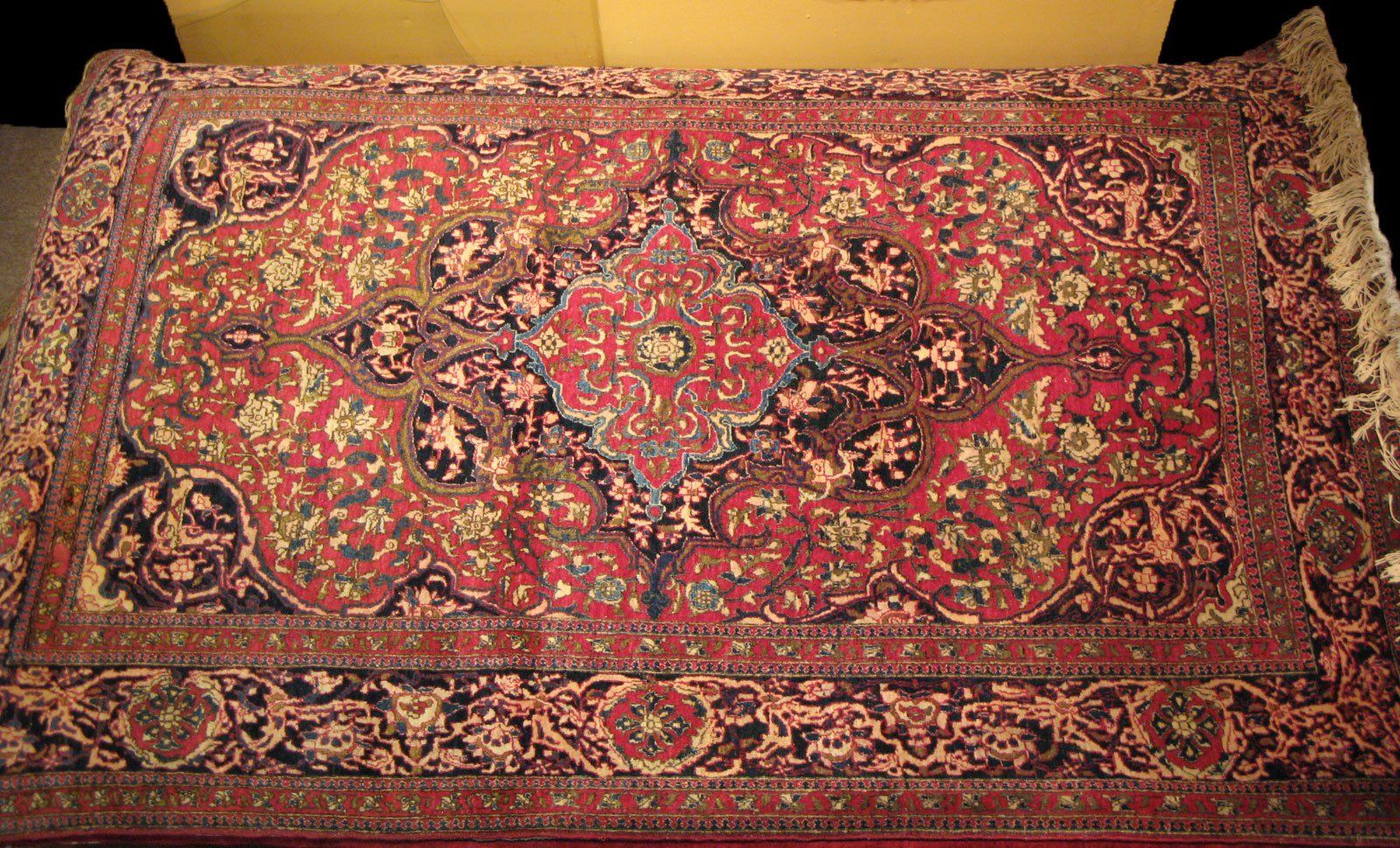 An intricate, rectangular oriental rug featuring a central floral medallion pattern in shades of red, navy, and cream.
