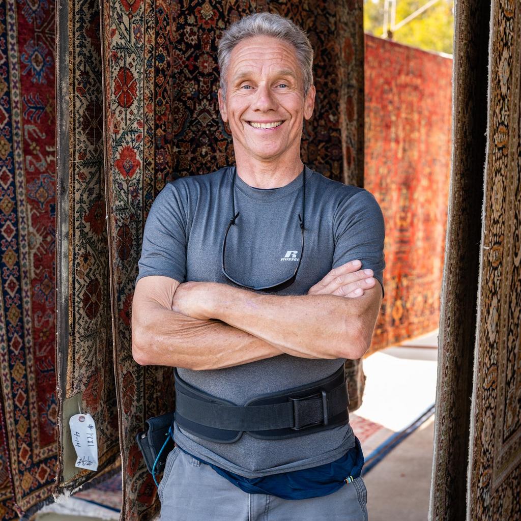 A smiling individual with arms crossed, wearing a grey athletic shirt and back support belt, standing between hanging rugs.