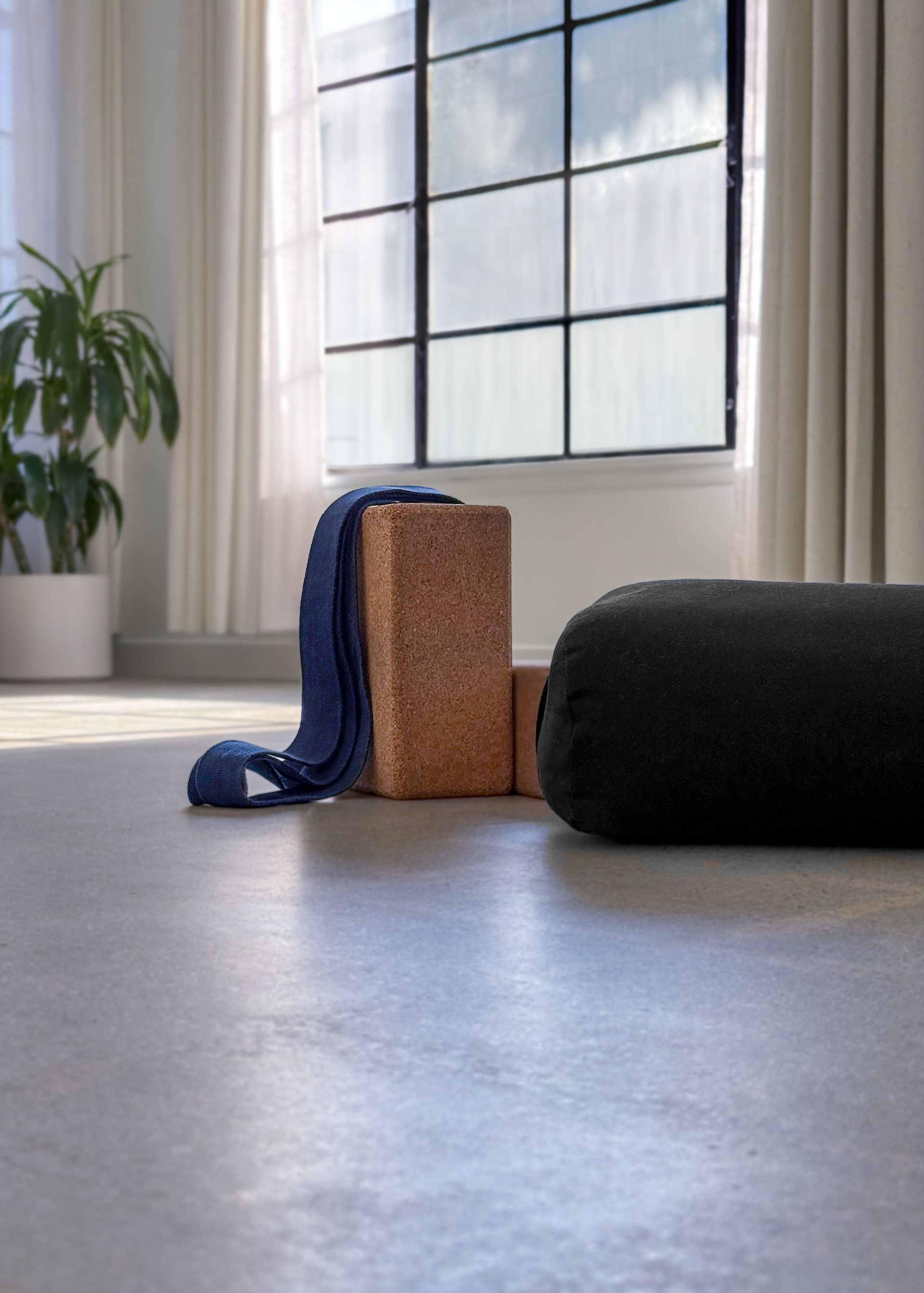 A cork block, folded strap and black bolster resting on the concrete floor at Yoga Shala Collective, beneath a tall curtained window with a potted plant nearby