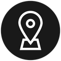 White location pin icon on a black circular background