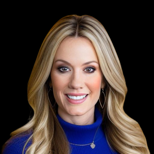 Portrait of a smiling blonde woman in a blue top against a black background