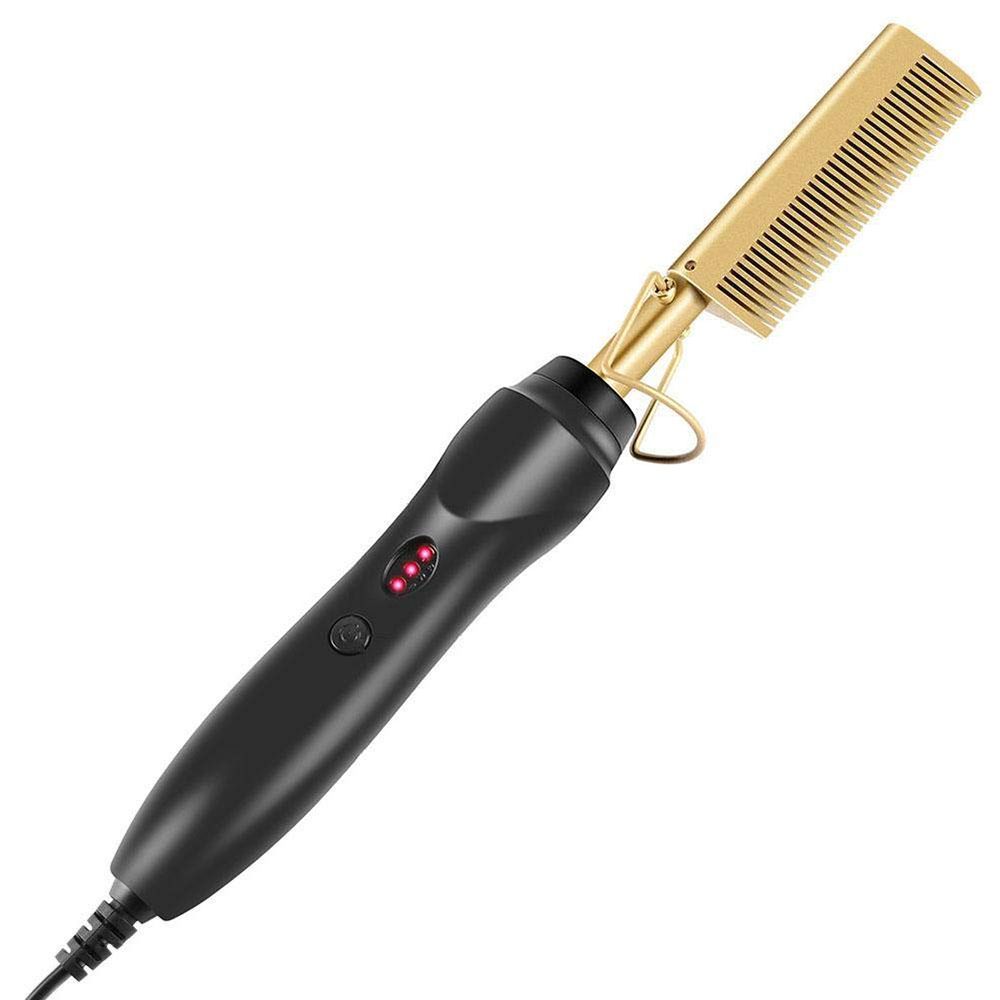 Un peine alisador eléctrico negro con un accesorio calefactor de color dorado y tres luces indicadoras de temperatura rojas.