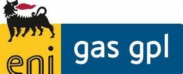 Logo di Eni gas gpl. Include una figura nera simile a un cane su sfondo giallo e blu.
