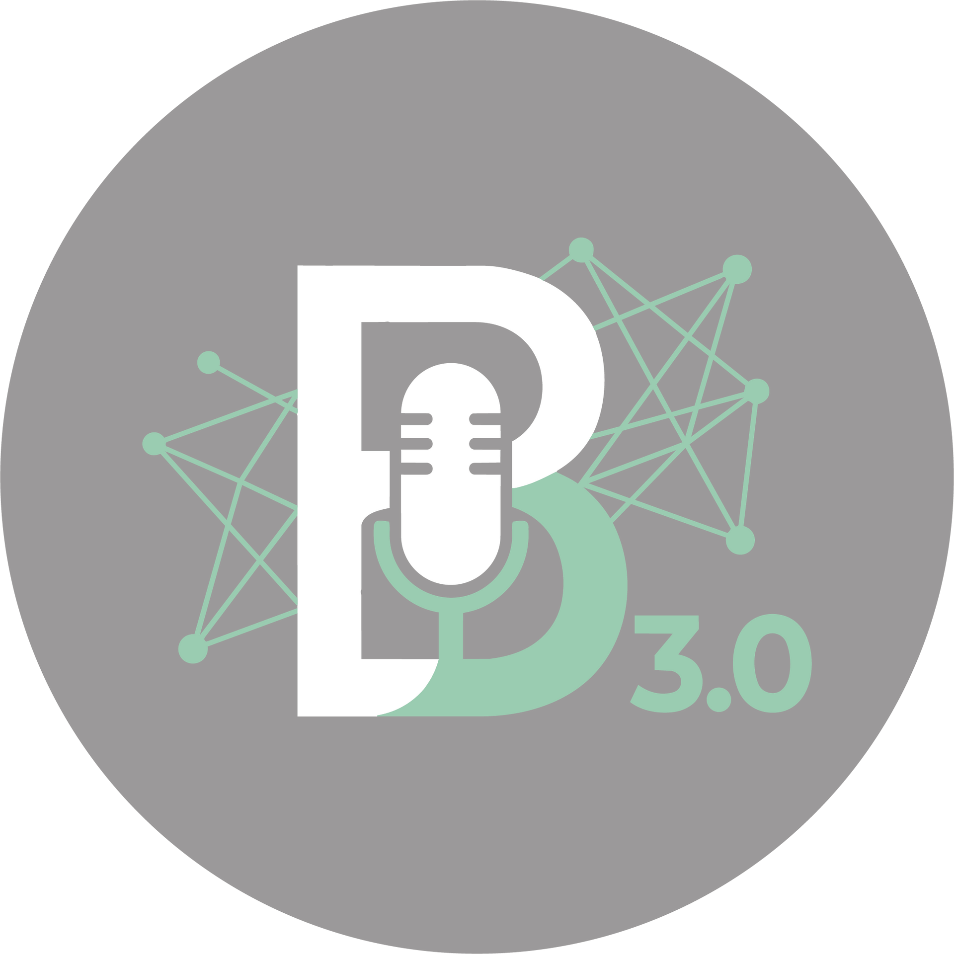 Gray circular logo with a vintage microphone and the words “Behind the Premium”