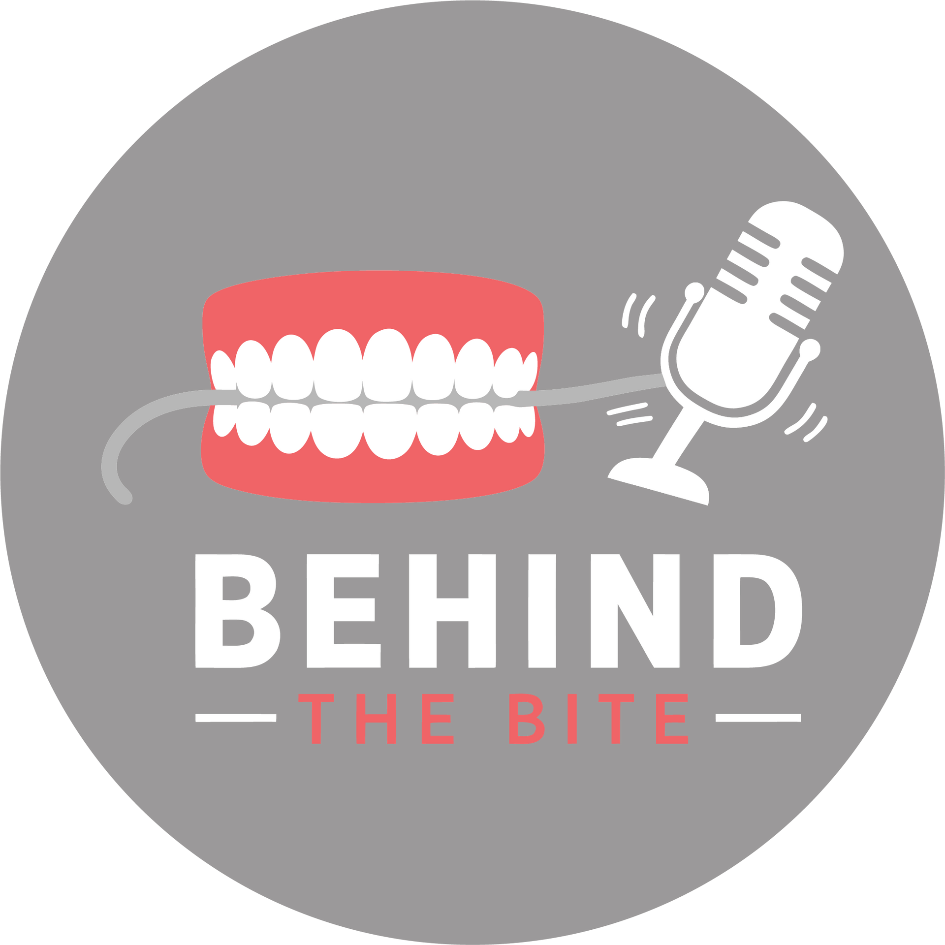 Gray circular logo with a vintage microphone and the words “Behind the Premium”