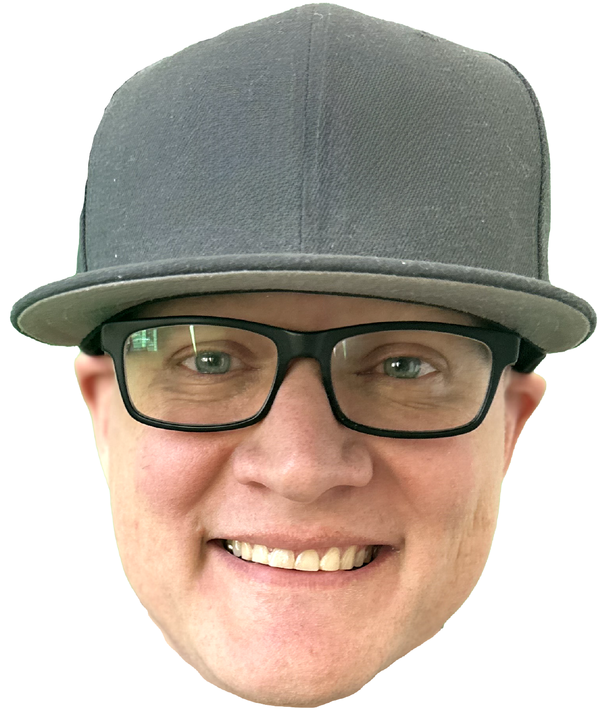 kody king Smiling person wearing a gray cap and black glasses on a white background