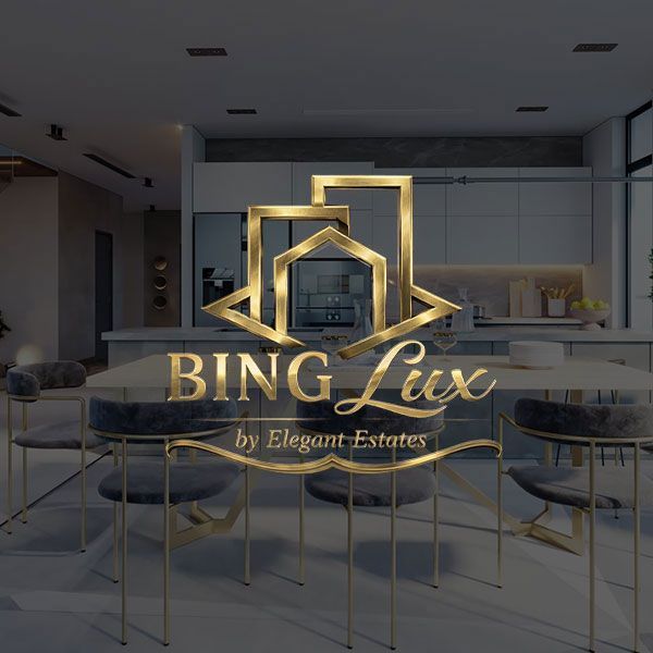 Gold “BING Lux” logo over a modern luxury living room interior