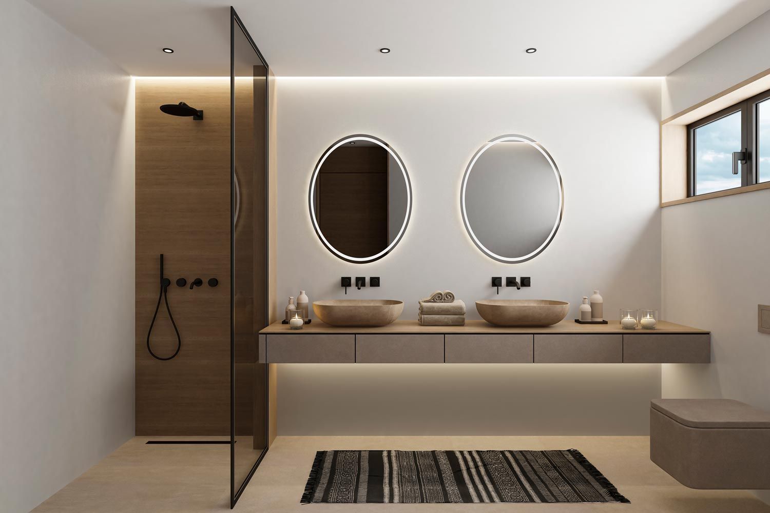 Modern bathroom with double oval mirrors, floating vanity, shower, and neutral tones