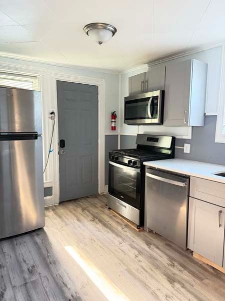Modern kitchen with stainless steel appliances, gray door, white cabinets, and light wood floors