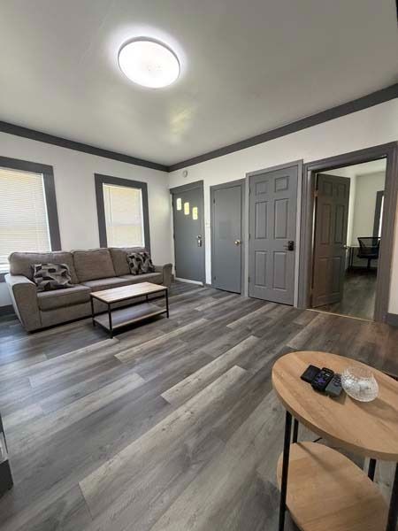 Modern empty living room with gray walls, sofa, coffee table, and wood-look flooring