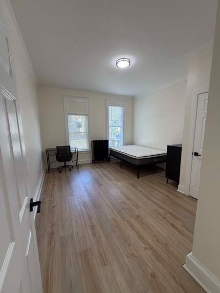Empty bedroom with a bed, desk, chair, and two windows, lit by a ceiling light and natural light