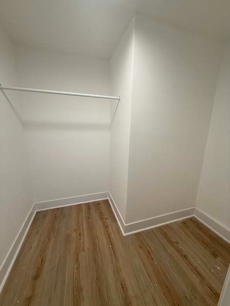 Empty walk-in closet with white walls, wood floor, and a single hanging rod