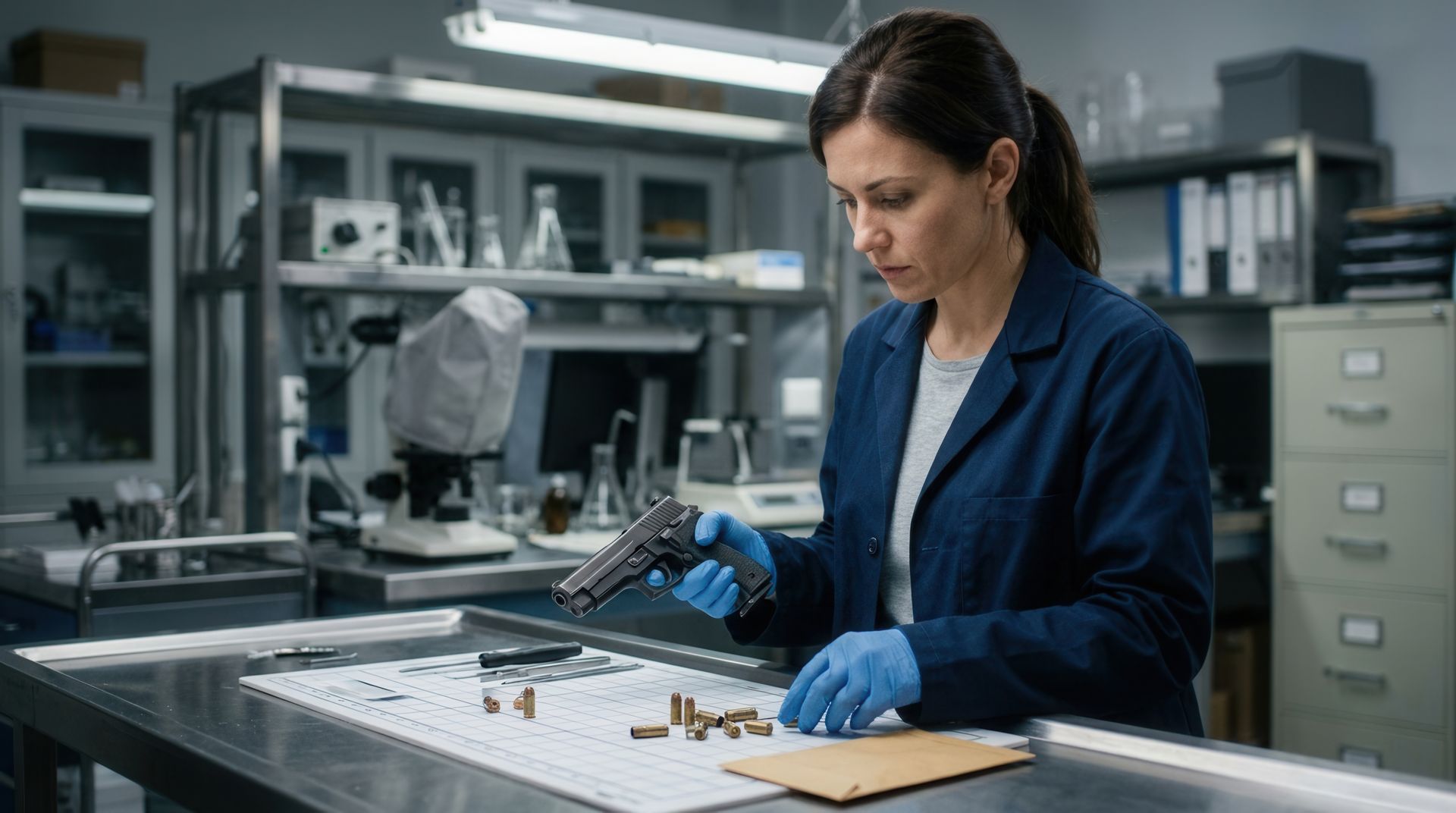 police officer looking at physical evidence