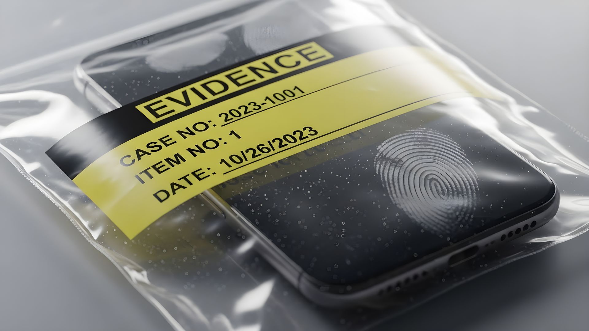 A smartphone in a clear plastic evidence bag with a yellow label marked with a case number and fingerprint.
