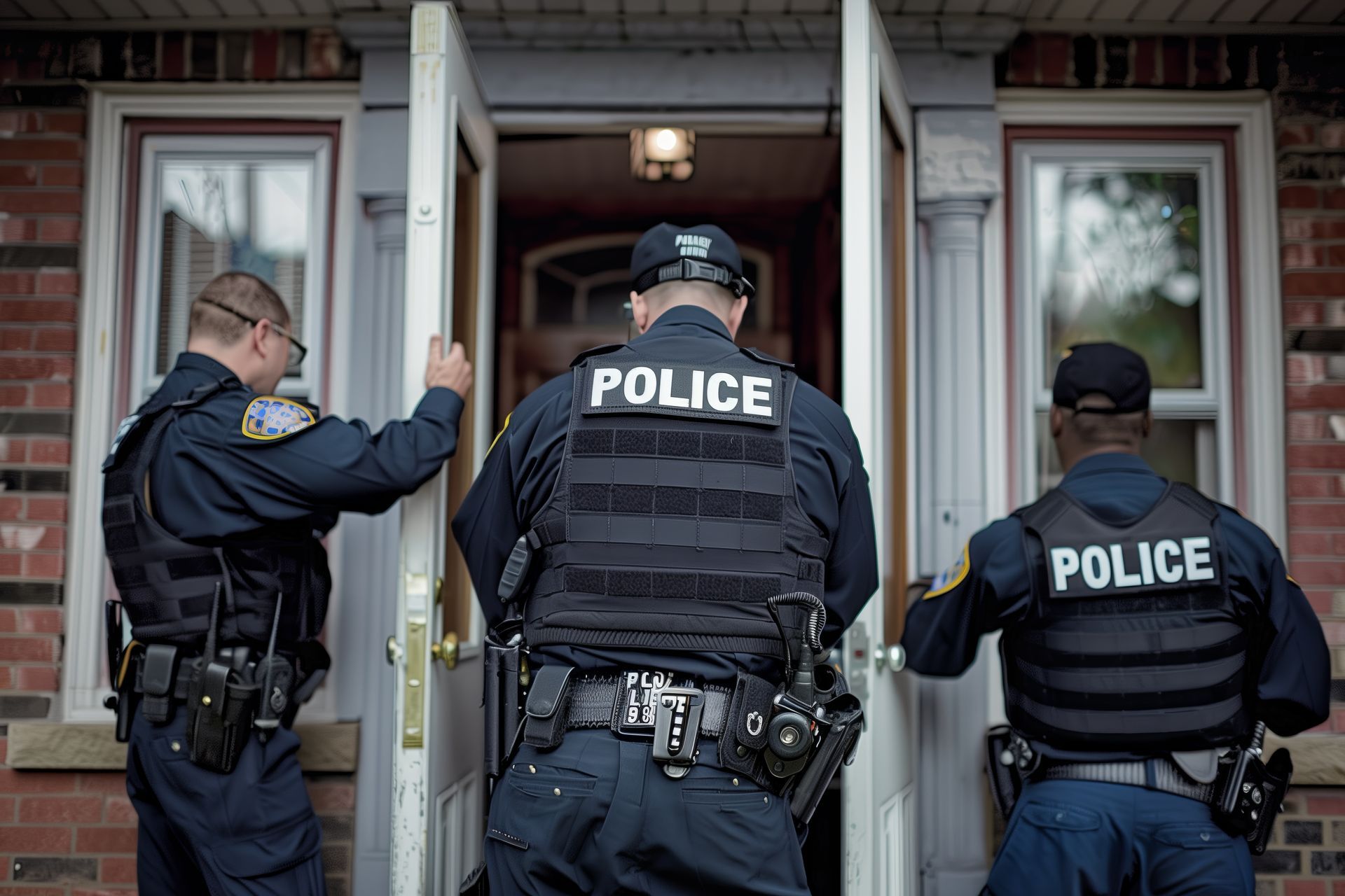 Three police officers in uniform and tactical vests stand at the open entrance of a brick building.