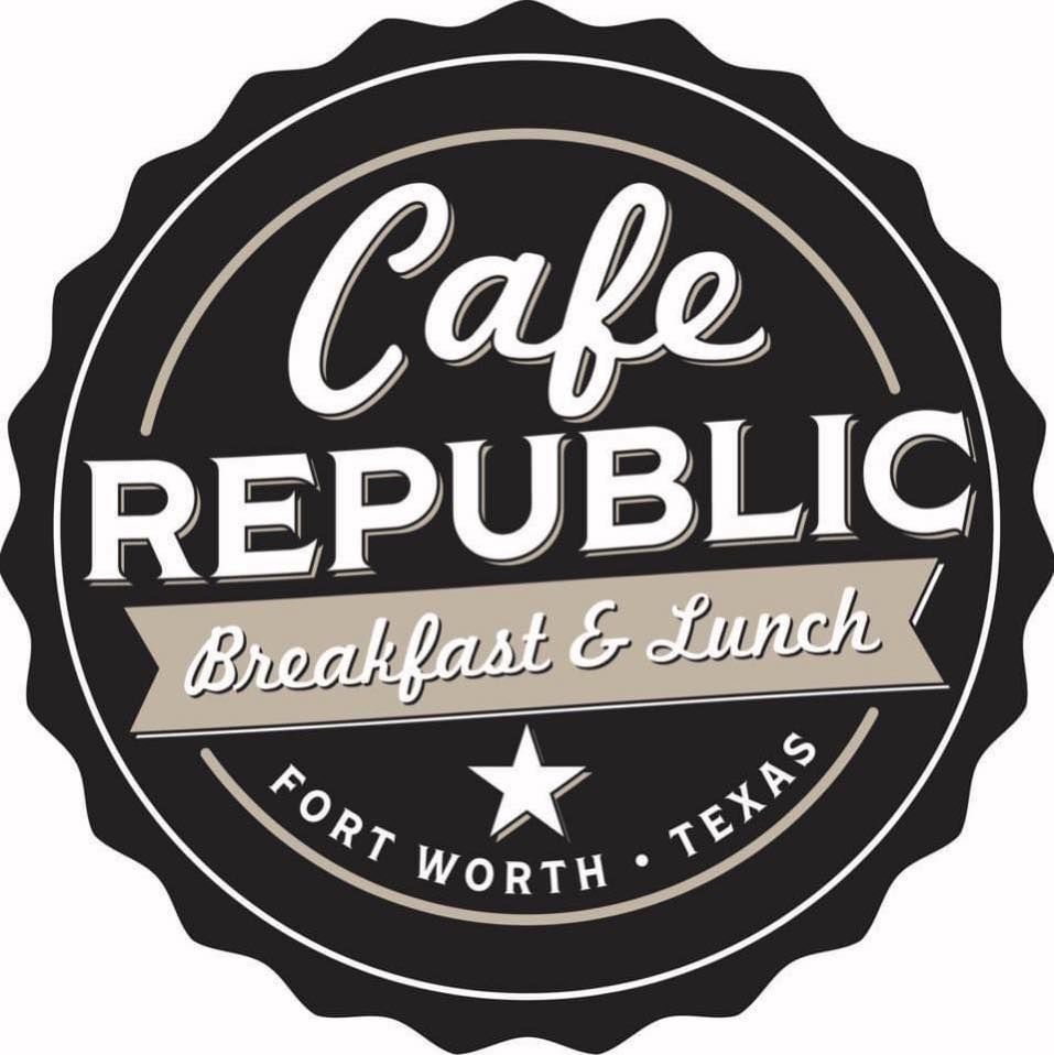 Cafe Republic logo with black circular badge, white lettering, and Fort Worth, Texas text