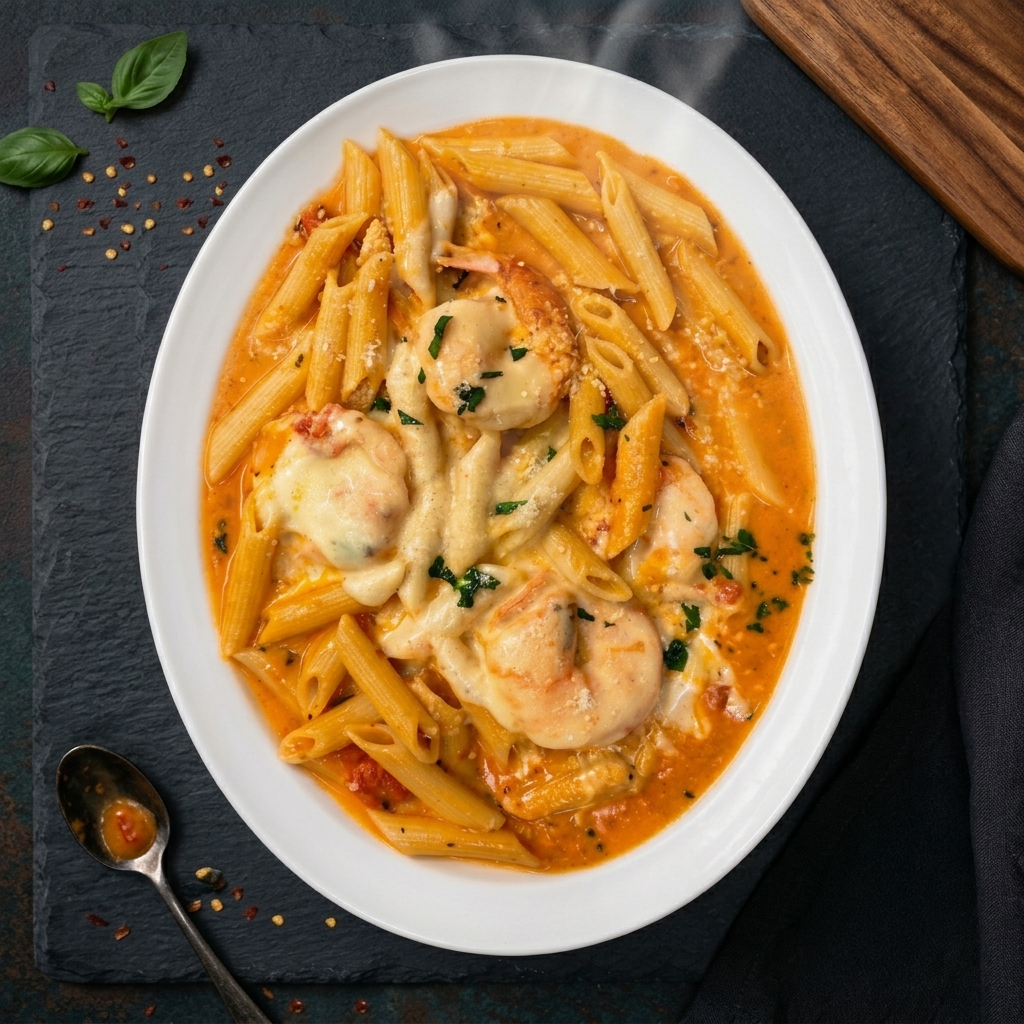 Creamy penne pasta with shrimp on a white plate, garnished with herbs