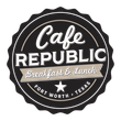 Cafe Republic breakfast and lunch logo in black, white, and beige, with Fort Worth, Texas text.