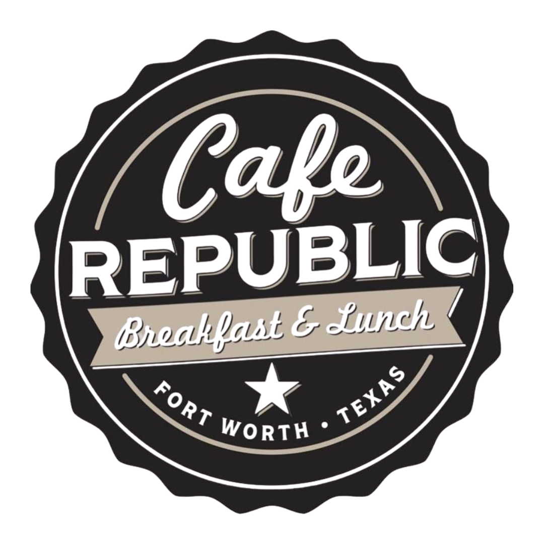 Cafe Republic breakfast and lunch logo in black, white, and beige, with Fort Worth, Texas text.
