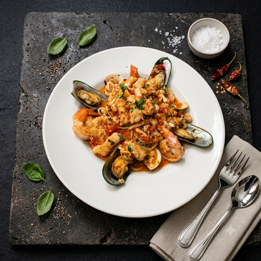 Seafood pasta on a white plate with mussels and shrimp, served on a dark tabletop with herbs and utensils.