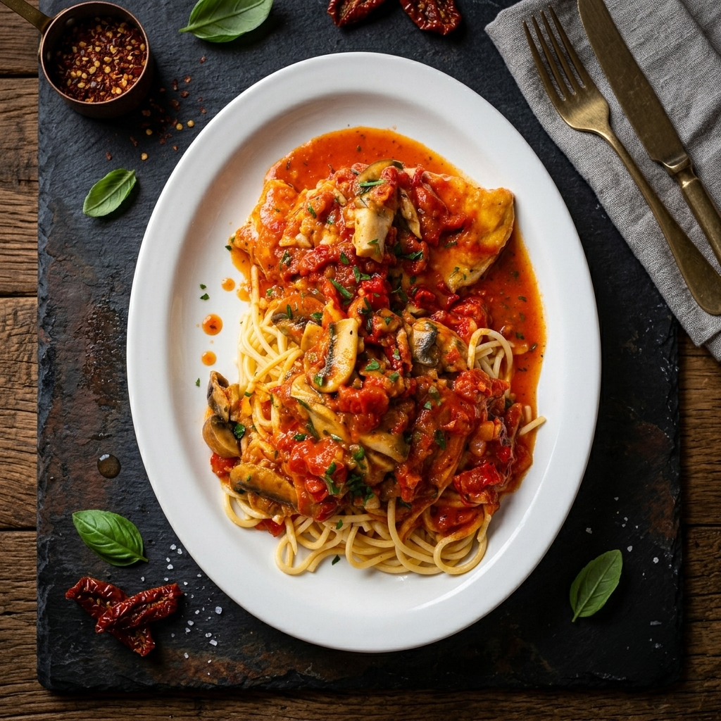 Plate of spaghetti with tomato sauce and basil on a dark table, with forks and dried chili peppers nearby