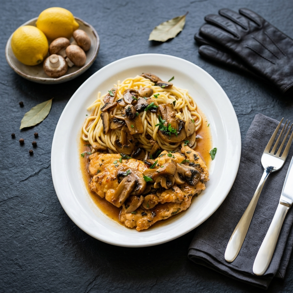 Shrimp pasta in creamy sauce on a white plate with a fork on a dark table