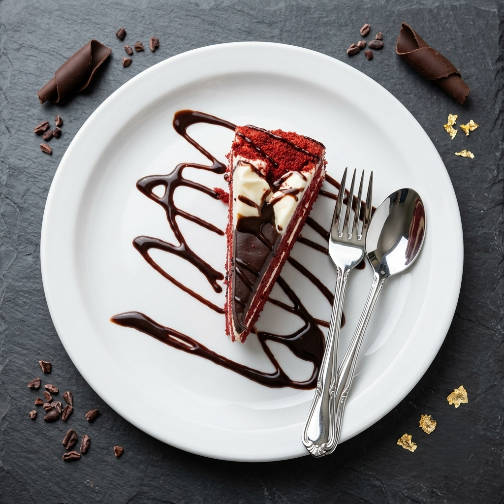 Chocolate cake slice with chocolate drizzle on a white plate, alongside a fork and spoon
