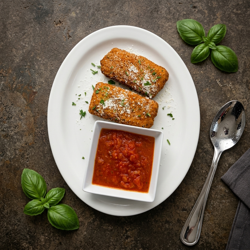 Two breaded rolls on a white plate with red dipping sauce, basil leaves, and a spoon on a dark tabletop.